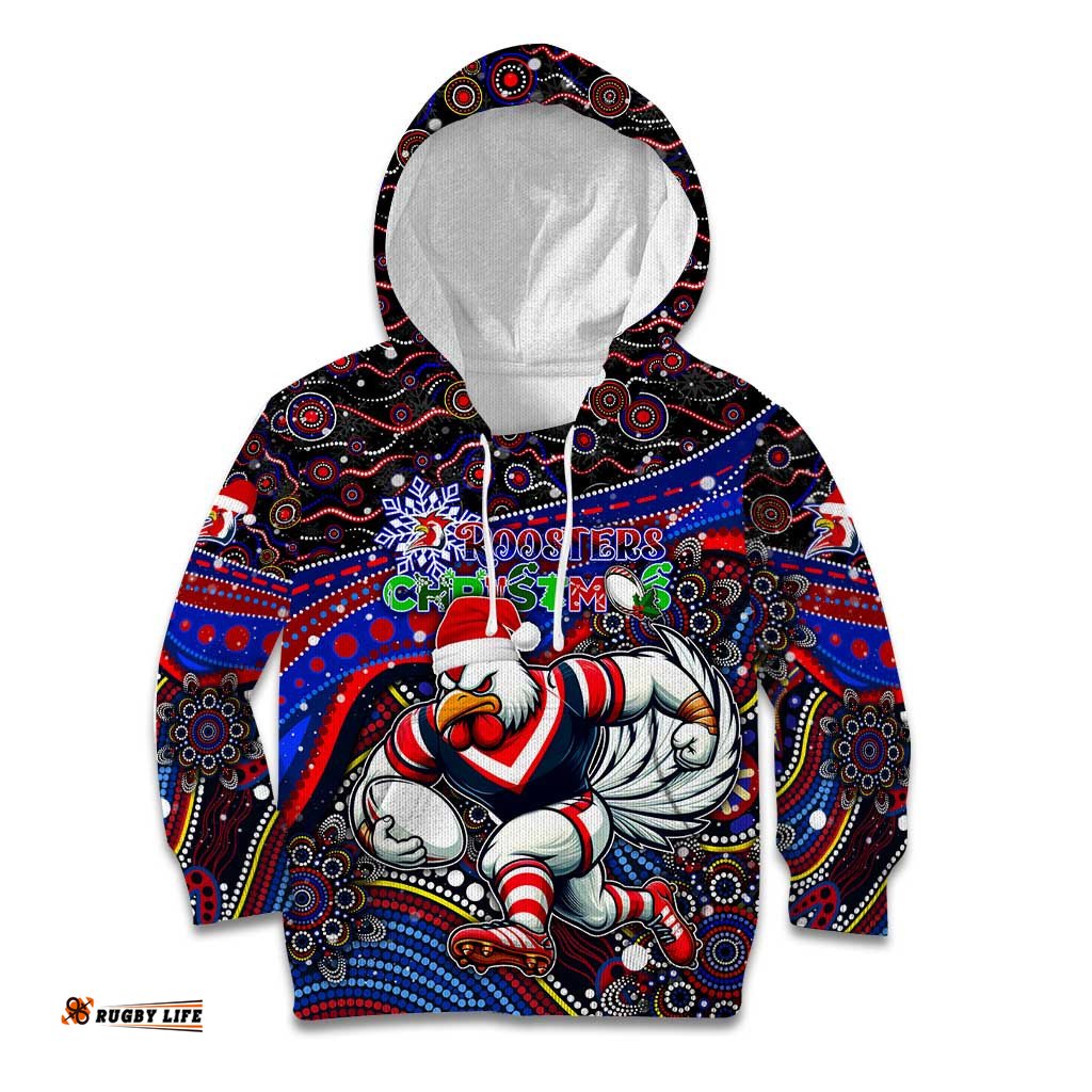 Merry Christmas Sydney Roosters Kid Hoodie Aboriginal Santa Rugby Mascot Tricolours