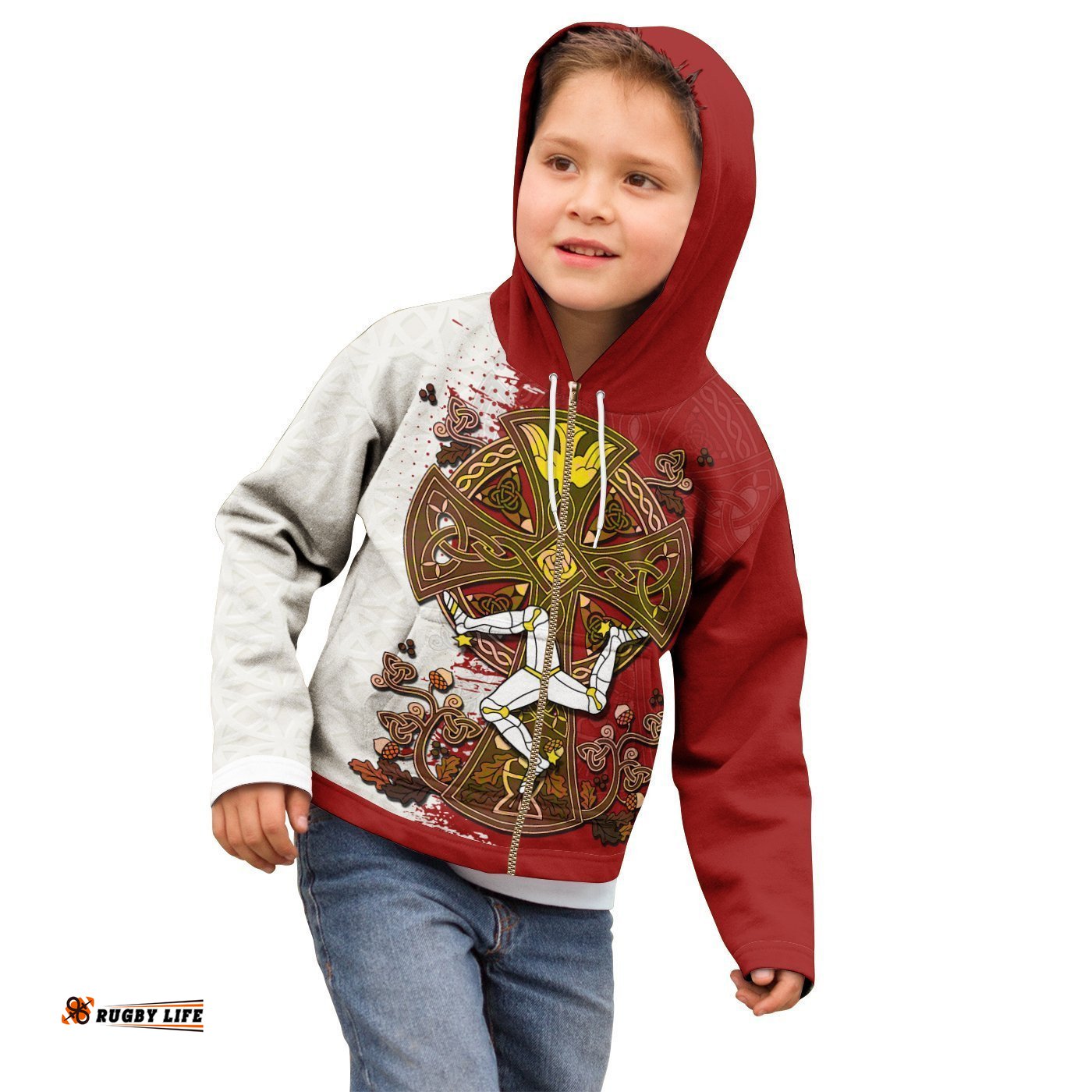 Kid Isle of Man Celtic Zip Up Hoodie Isle of Man Three Legs Symbol With Celtic Cross