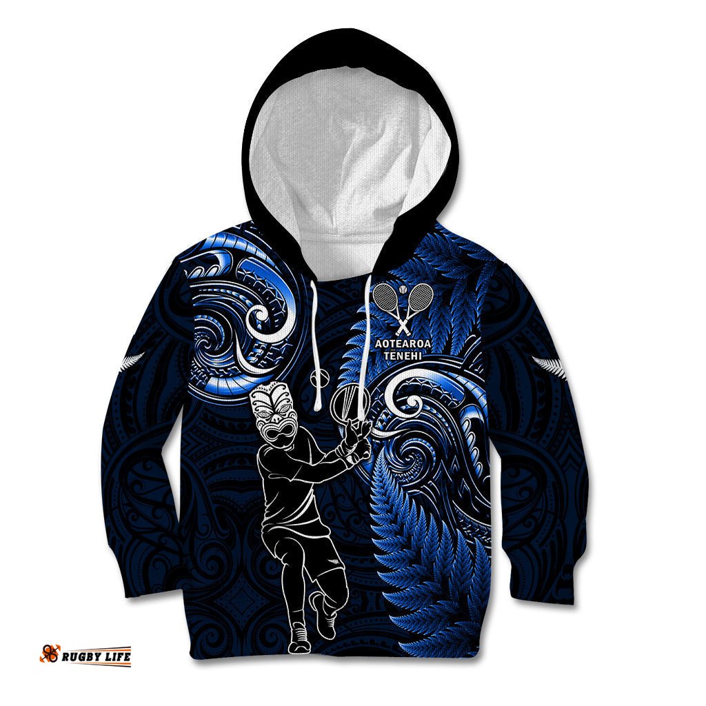 Custom New Zealand Tiki Tennis Kid Hoodie 2024 Aotearoa Tenehi Maori Silver Fern Blue