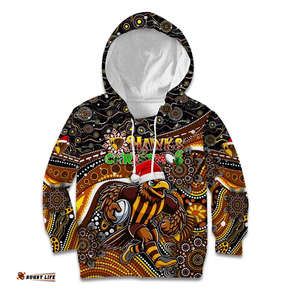 Merry Christmas AFL Hawks Kid Hoodie Aboriginal Santa Football Mascot