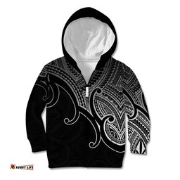 Custom Aotearoa Maori Koru Kid Hoodie Polynesian Pacific Tribal Black