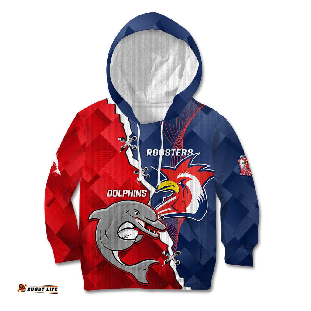 Personalised Dolphins And Roosters Rugby Kid Hoodie NRL Sporty Style