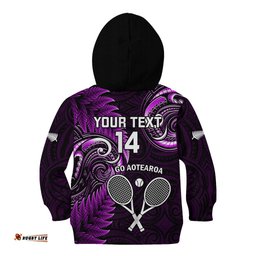 Custom New Zealand Tiki Tennis Kid Hoodie 2024 Aotearoa Tenehi Maori Silver Fern Purple