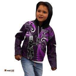 Custom New Zealand Tiki Tennis Kid Hoodie 2024 Aotearoa Tenehi Maori Silver Fern Purple