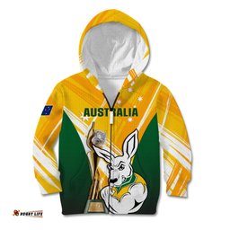 Custom Australia Soccer Kid Hoodie Matildas Kangaroo With World Cup Trophy Yellow Version