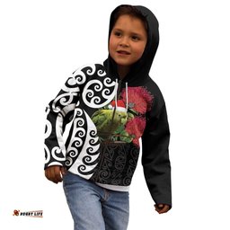 New Zealand Kakapo Christmas Kid Hoodie Meri Kirihimete Pohutukawa Flowers