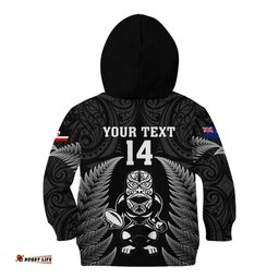 Custom New Zealand Aotearoa Rugby Kid Hoodie NZ Tiki With Maori Fern World Cup Black Version