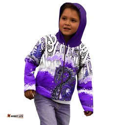 Custom Personalised Manaia Maori Hoodie KID Fern Aotearoa Purple Waves