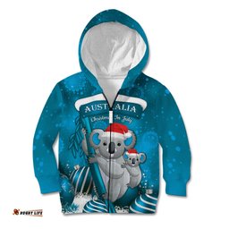 Australia Christmas In July Kid Hoodie Mommy and Baby Koala Santa Blue