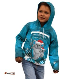 Australia Christmas In July Kid Hoodie Mommy and Baby Koala Santa Blue