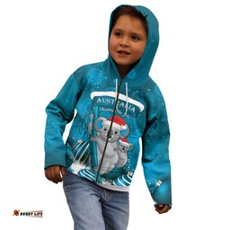 Australia Christmas In July Kid Hoodie Mommy and Baby Koala Santa Blue