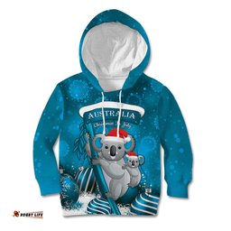Australia Christmas In July Kid Hoodie Mommy and Baby Koala Santa Blue
