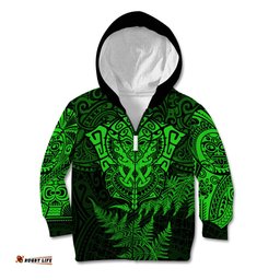 New Zealand Rugby Kid Hoodie Silver Fern All Black Mix Ta Moko Green Style 02