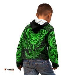 New Zealand Rugby Kid Hoodie Silver Fern All Black Mix Ta Moko Green Style 02