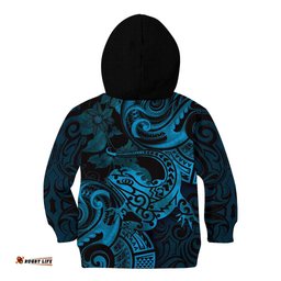New Zealand Tuatara Kid Hoodie Aotearoa Maori Clematis Flowers Blue