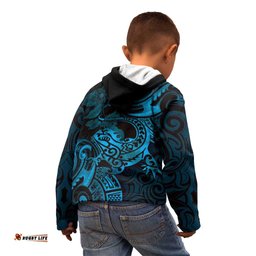 New Zealand Tuatara Kid Hoodie Aotearoa Maori Clematis Flowers Blue