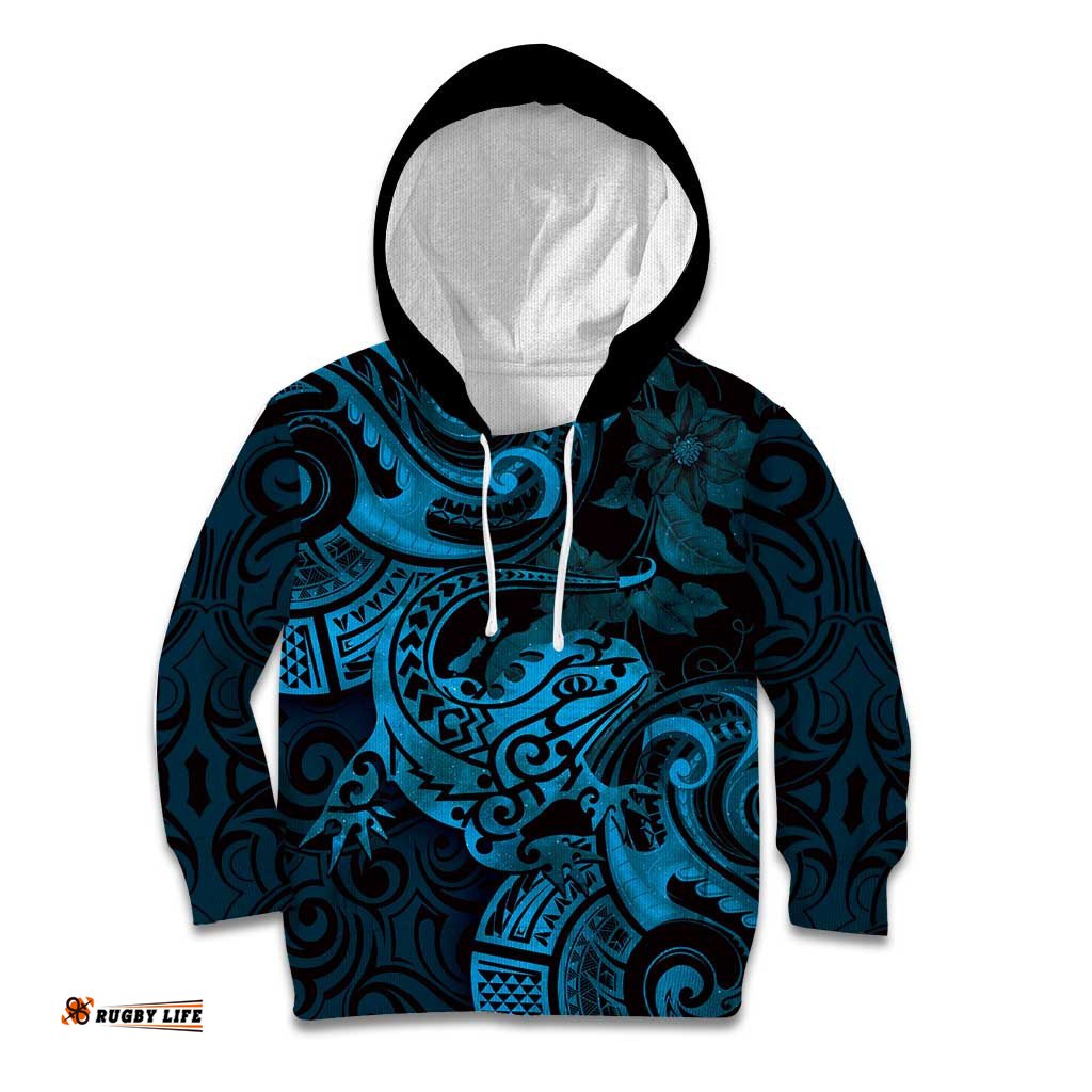 New Zealand Tuatara Kid Hoodie Aotearoa Maori Clematis Flowers Blue