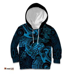 New Zealand Tuatara Kid Hoodie Aotearoa Maori Clematis Flowers Blue