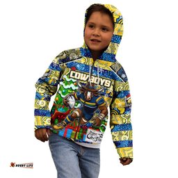 Custom Cowboys Rugby Merry Christmas Kid Hoodie Indigenous Australian Art