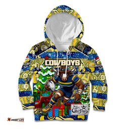 Custom Cowboys Rugby Merry Christmas Kid Hoodie Indigenous Australian Art