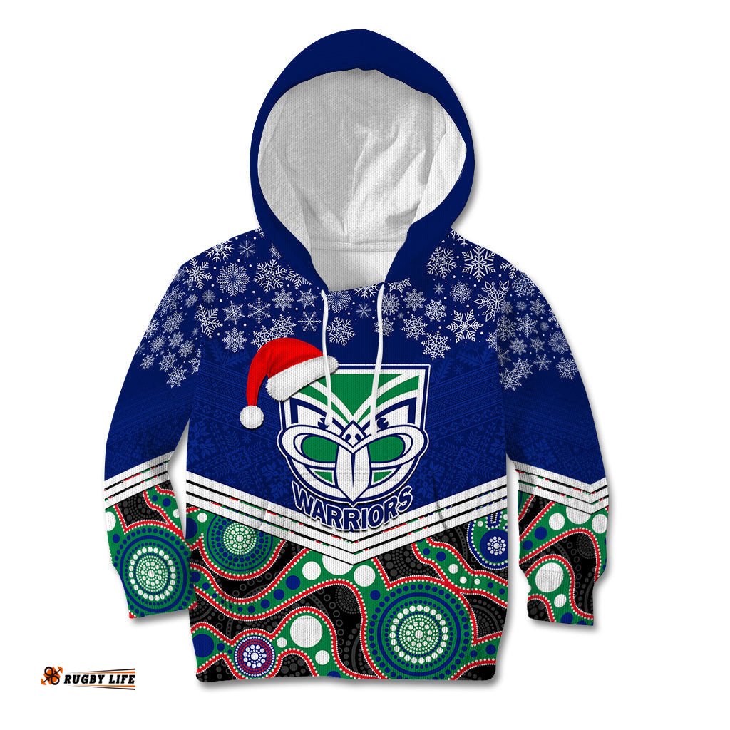 Custom Warriors Rugby Christmas Kid Hoodie Merry Xmas Mix Aboriginal Art