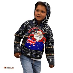Christmas Hoodie Kids Australia Santa Claus Hold The Flag Black
