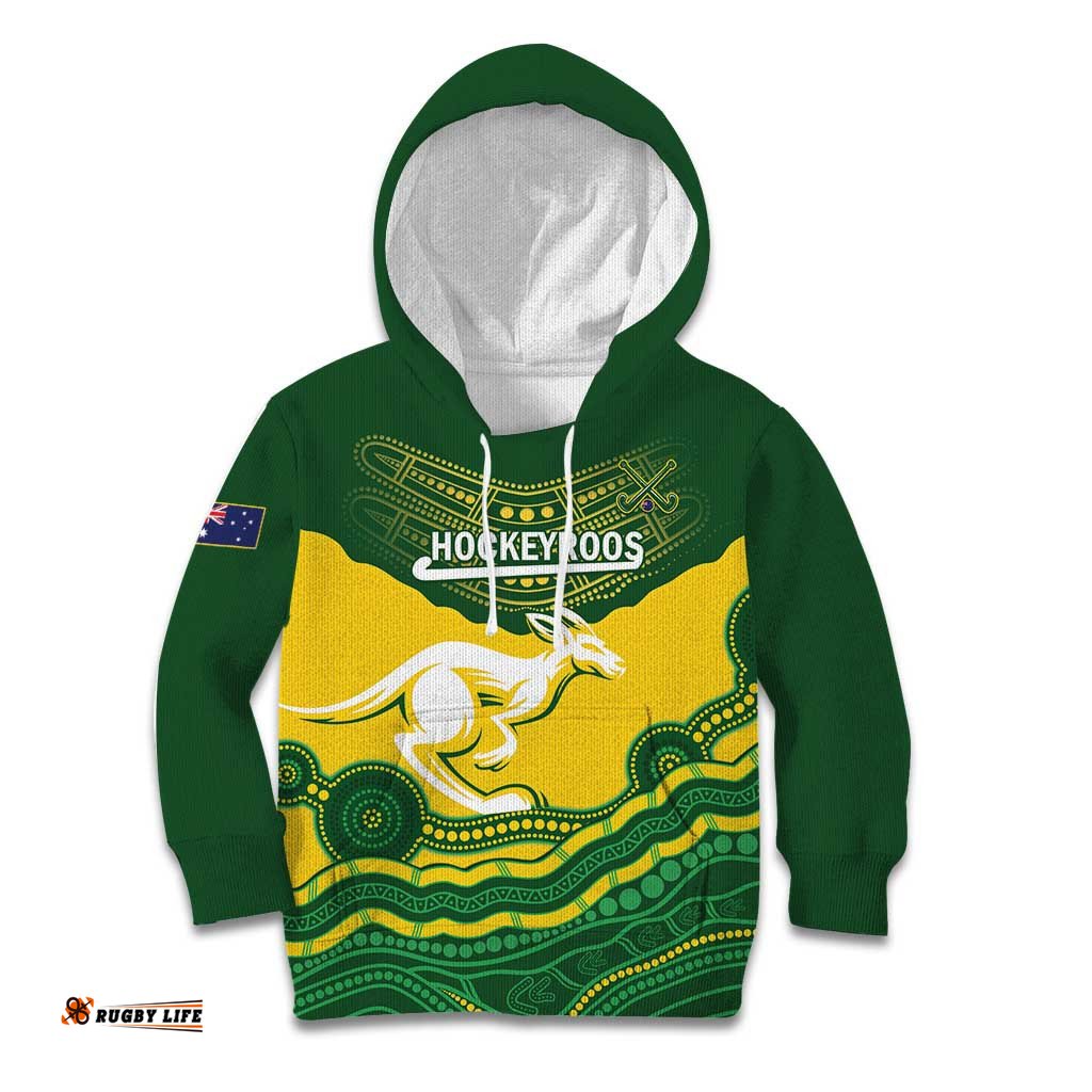 Custom Australia Hockeyroos Kid Hoodie Aussie Kangaroo Indigenous Art