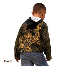 New Zealand Tuatara Kid Hoodie Aotearoa Maori Clematis Flowers Gold