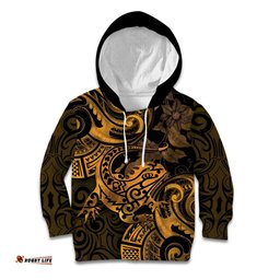 New Zealand Tuatara Kid Hoodie Aotearoa Maori Clematis Flowers Gold