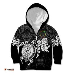 Custom Panthers Rugby Kid Hoodie Penrith Hibiscus and Turtle With Polynesian Pattern