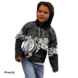 Custom Panthers Rugby Kid Hoodie Penrith Hibiscus and Turtle With Polynesian Pattern