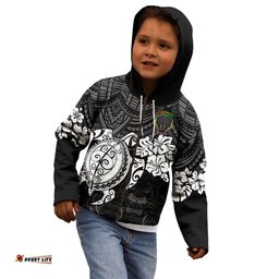 Custom Panthers Rugby Kid Hoodie Penrith Hibiscus and Turtle With Polynesian Pattern