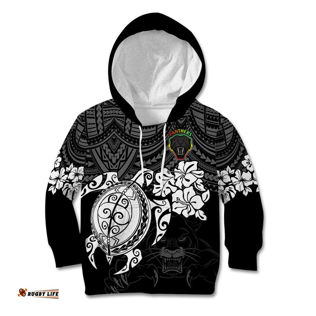 Custom Panthers Rugby Kid Hoodie Penrith Hibiscus and Turtle With Polynesian Pattern