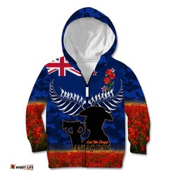 New Zealand ANZAC Day Kid Hoodie 25 April Last Post Camouflage With Poppies
