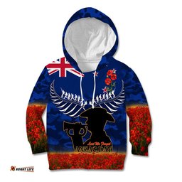 New Zealand ANZAC Day Kid Hoodie 25 April Last Post Camouflage With Poppies