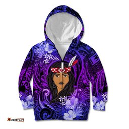 New Zealand Custom Women's Day Kid Hoodie Maori Girl Feathers of Hope Purple