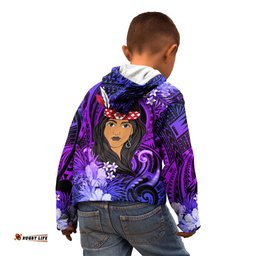 New Zealand Custom Women's Day Kid Hoodie Maori Girl Feathers of Hope Purple