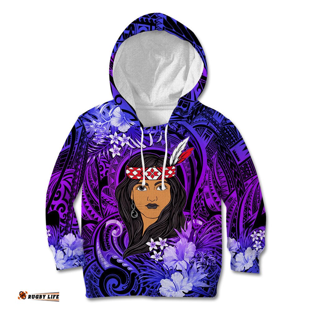 New Zealand Custom Women's Day Kid Hoodie Maori Girl Feathers of Hope Purple