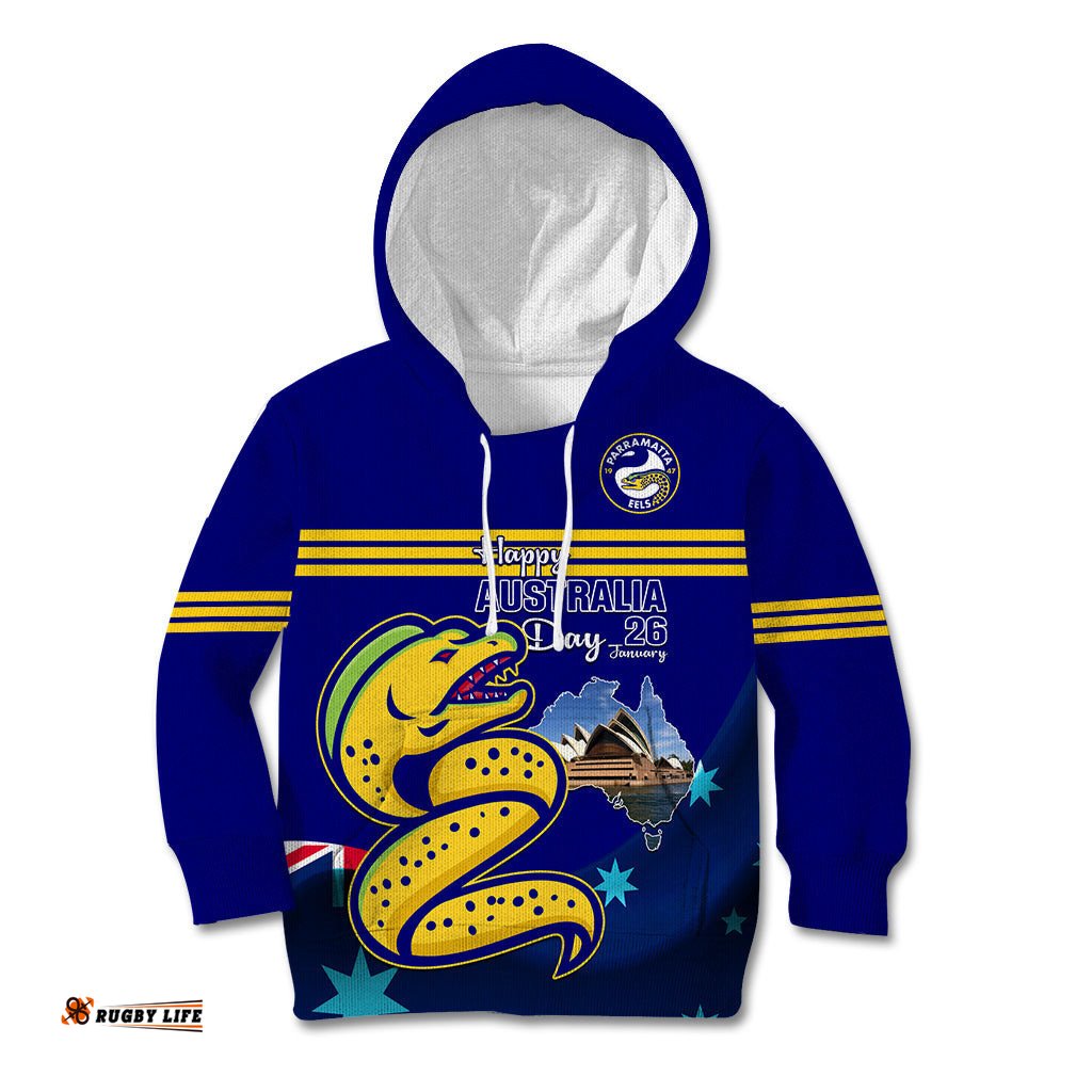 Custom Australia Day Eels Kid Hoodie NRL 2024 Sydney Opera House With Map