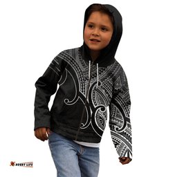 Aotearoa Maori Koru Kid Hoodie Polynesian Pacific Tribal Black
