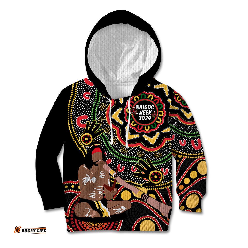 Australia Didgeridoo NAIDOC Week 2024 Kid Hoodie Keep The Fire Burning Blak Loud and Proud