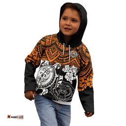 Custom Wests Tigers Rugby Kid Hoodie Hibiscus and Turtle With Polynesian Pattern