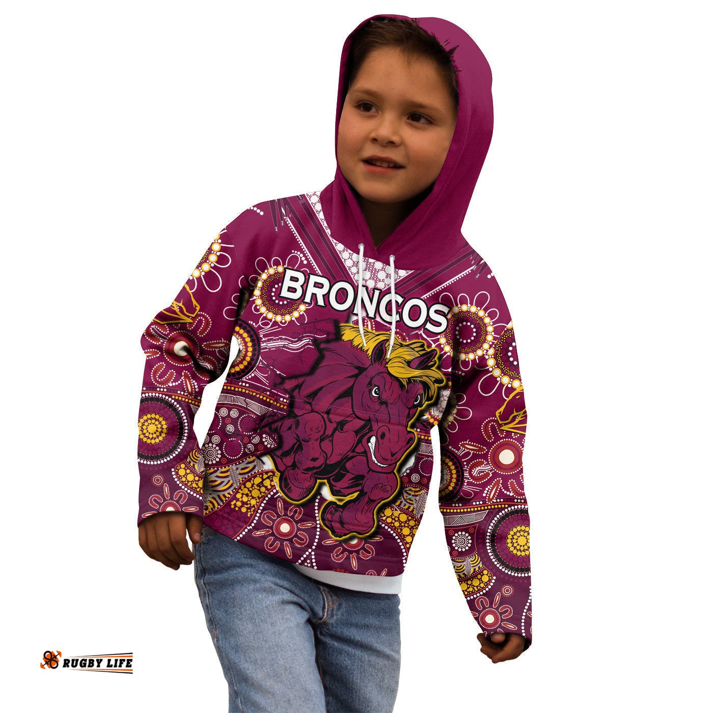 Custom Text And Number Broncos Rugby Hoodie KID Indigenous Pattern Artsy Ver.01