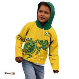 Custom Australia Soccer Kid Hoodie Socceroos Hibiscus and Turtle With Polynesian Pattern