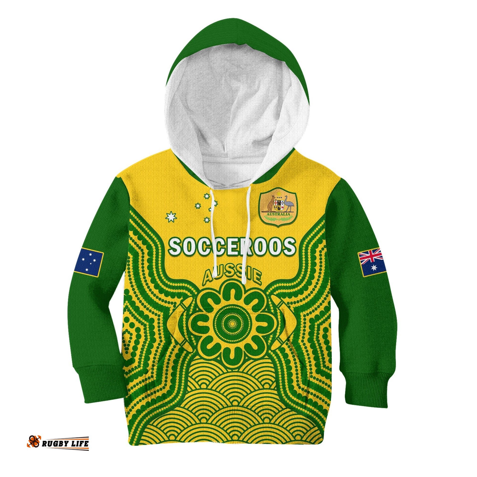 Custom Text And Number Australia Soccer Hoodie KID Socceroos Aboriginal Go Champions World Cup