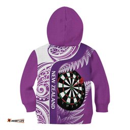 Personalised New Zealand Darts Kid Hoodie Aotearoa Fern Mix Paua Shell Manaia Purple