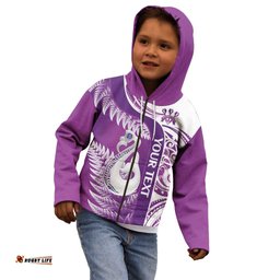 Personalised New Zealand Darts Kid Hoodie Aotearoa Fern Mix Paua Shell Manaia Purple
