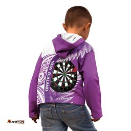 Personalised New Zealand Darts Kid Hoodie Aotearoa Fern Mix Paua Shell Manaia Purple
