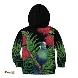New Zealand Tui Bird Christmas Kid Hoodie Maori Fern Mix Pohotukawa