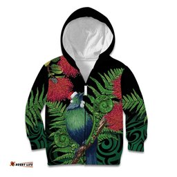 New Zealand Tui Bird Christmas Kid Hoodie Maori Fern Mix Pohotukawa